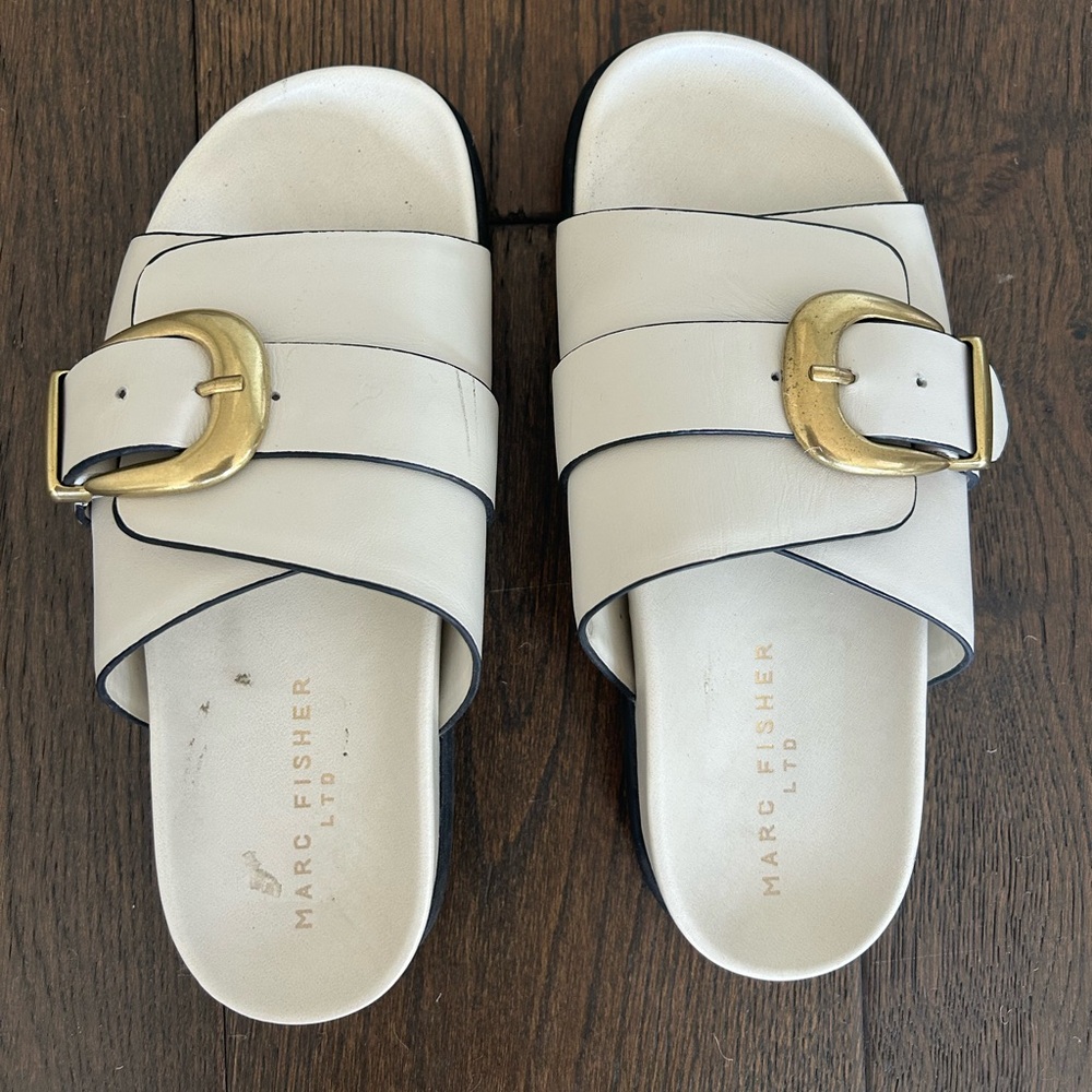 Marc Fisher Cream Sandals with Gold Buckle